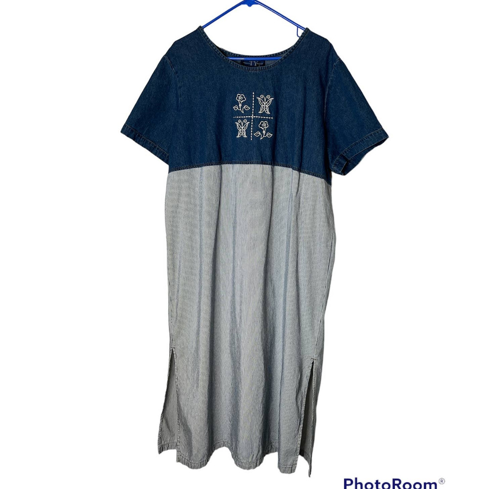 TY Original Wear Denim Maxi Dress w/Embroidery on Top and Bottom Stripes Size 1X